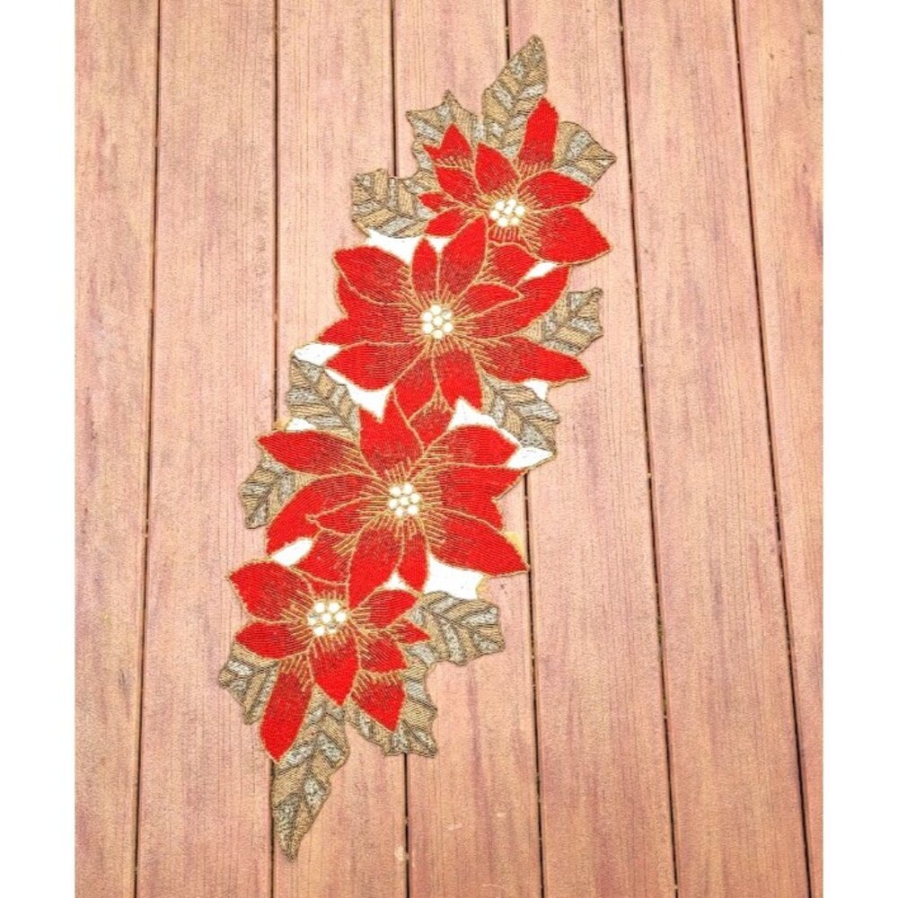 VTG Christmas Poinsettia Table Runner Beaded Floral Holiday Decor Party Display